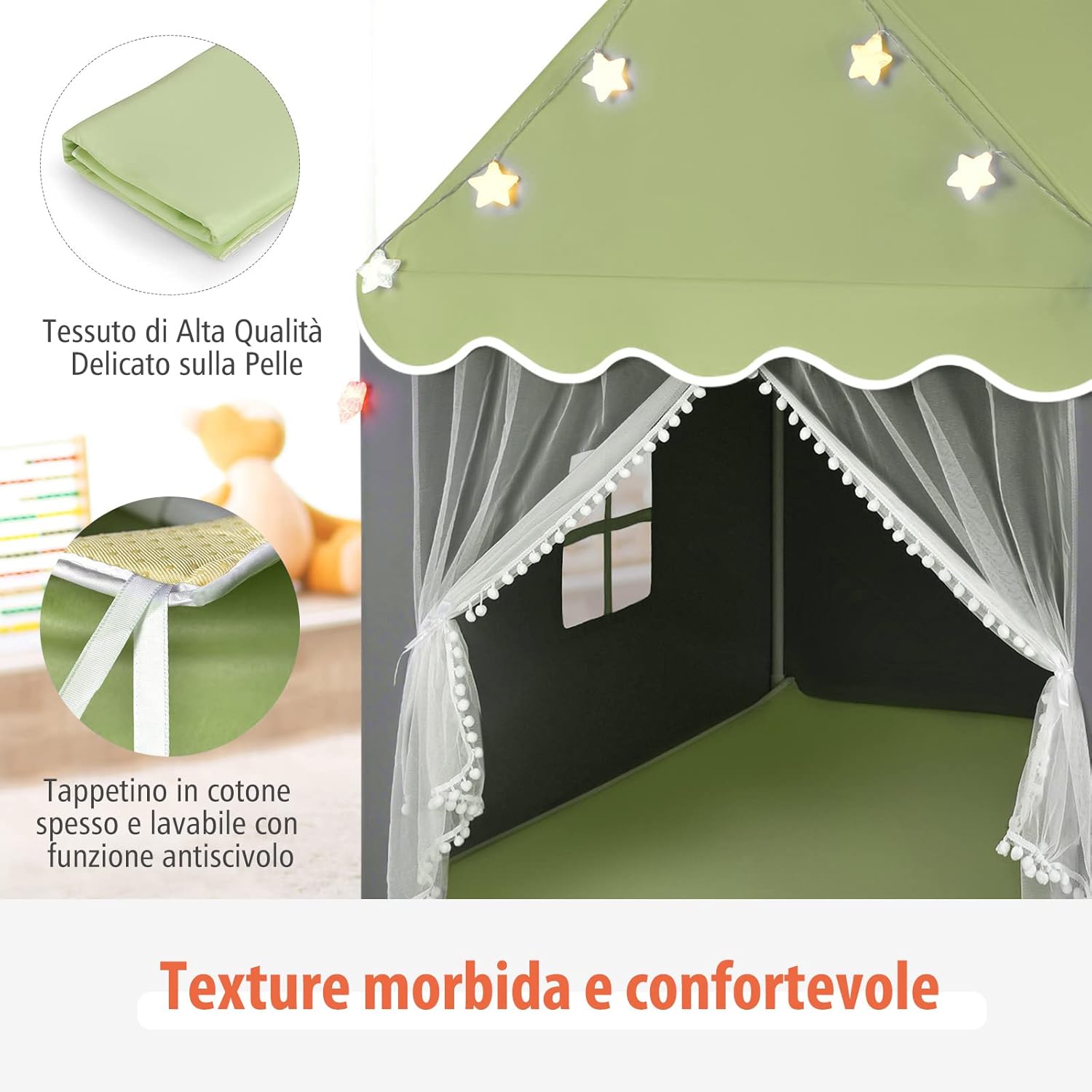 Tenda da Gioco per Bambini, Tenda Castello con Tappetino Lavabile, Luci a Forma di Stella, per Interno ed Esterno, 105 x 121 x 136 cm (Verde)
