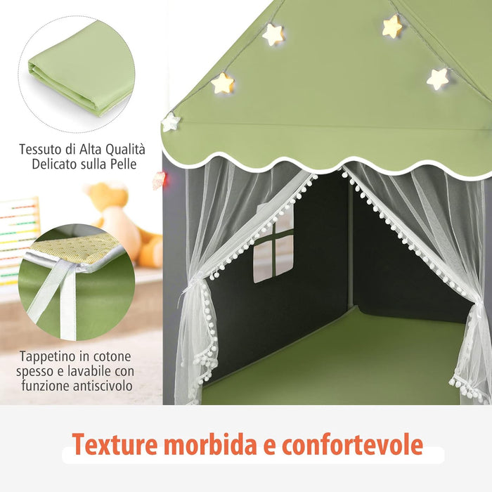 Tenda da Gioco per Bambini, Tenda Castello con Tappetino Lavabile, Luci a Forma di Stella, per Interno ed Esterno, 105 x 121 x 136 cm (Verde)