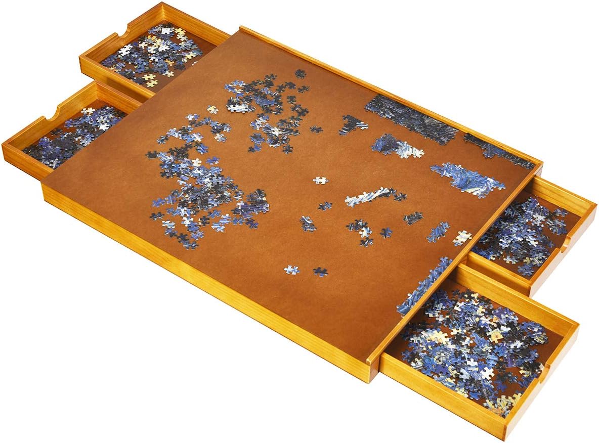 Tavolo da Puzzle, con 4 Cassetti e Vassoio Scorrevole per Puzzle, per Bambini e Adulti, di Legno, 65x80x6,55 cm