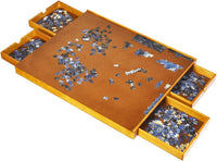 Tavolo da Puzzle, con 4 Cassetti e Vassoio Scorrevole per Puzzle, per Bambini e Adulti, di Legno, 65x80x6,55 cm