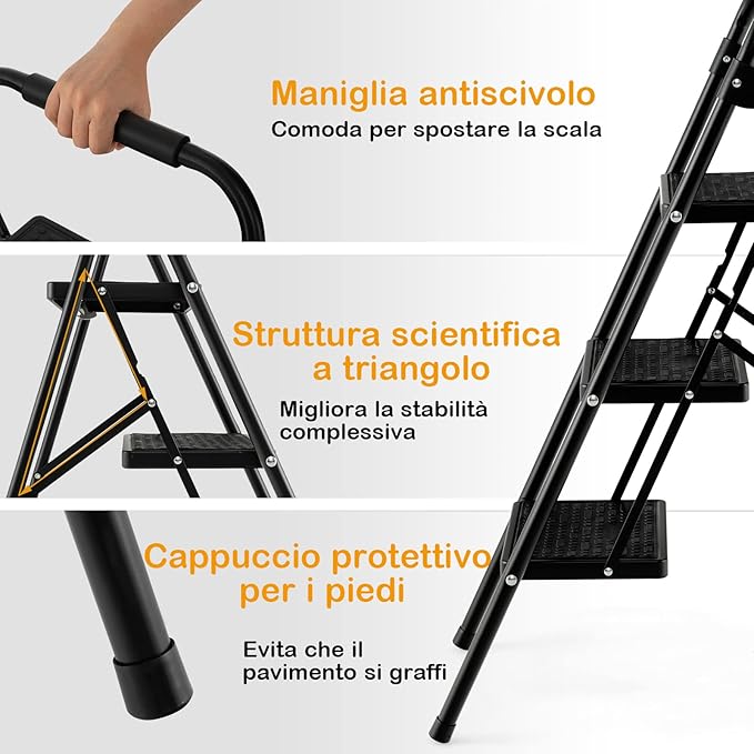 Scala a 3 Gradini, Scaletta Pieghevole con Ampio Pedale, Corrimano e Piedi Antiscivolo, Struttura in Metallo, Carico 265 kg, Nero
