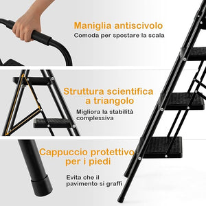 Scala a 3 Gradini, Scaletta Pieghevole con Ampio Pedale, Corrimano e Piedi Antiscivolo, Struttura in Metallo, Carico 265 kg, Nero