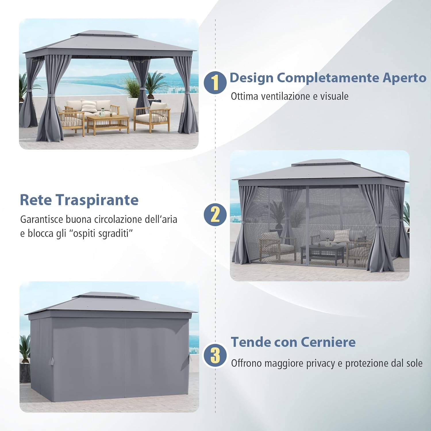 Gazebo da Giardino 397 x 296 cm, Gazebo da Esterno con Zanzariere, Tende, Struttura in Metallo Resistente, con Tetto Impermeabile a Due Strati, per Patio, Giardino e Cortile