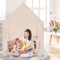 Tenda da Gioco Casetta per Bambini, Castello Giocattolo in Legno Cotone, con Struttura Stabile e Finestre Traspirabili, 105x120x140 cm (Beige)