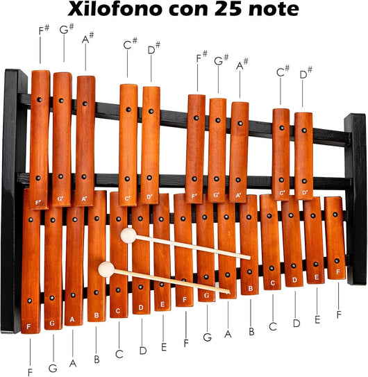 Xilofono con 25 Note, Strumento a Percussione di Legno, con 2 Mazzuole e Borsa, Ideale per Principianti e Bambini, 42 x 57 x 6 cm, Marrone e Nero