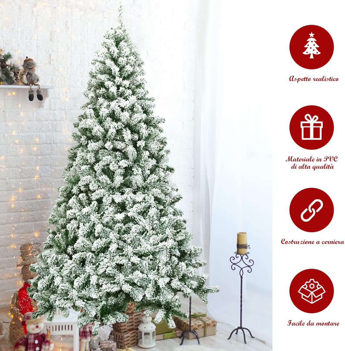 Albero di Natale 135/180/225 cm, Albero di Natale Innevato in PVC, Albero di Natale Artificiale con 400/928/1364 Rami Folti e Realistici e Base di Metallo, Verde (225 cm)