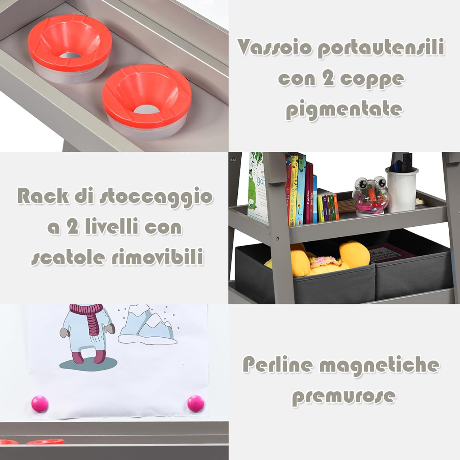 3 in 1 Cavalletto per Bambini con Doppia Faccia, Cavalletto per Disegno con 2 Vassoi e 2 Scatole, Lavagna Bambini in Legno (Grigio)