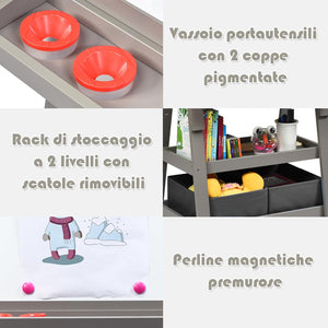3 in 1 Cavalletto per Bambini con Doppia Faccia, Cavalletto per Disegno con 2 Vassoi e 2 Scatole, Lavagna Bambini in Legno (Grigio)