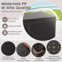 Baule da Esterno 380 L Impermeabile, Cassapanca Contenitore in Rattan con Coperchio Bloccabile e Ruote, Baule Salvaspazio per Mantenere Cuscini e Attrezzi da Interno e Esterno (Marrone)