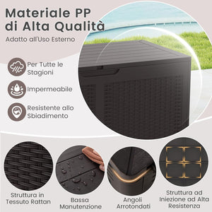 Baule da Esterno 380 L Impermeabile, Cassapanca Contenitore in Rattan con Coperchio Bloccabile e Ruote, Baule Salvaspazio per Mantenere Cuscini e Attrezzi da Interno e Esterno (Marrone)