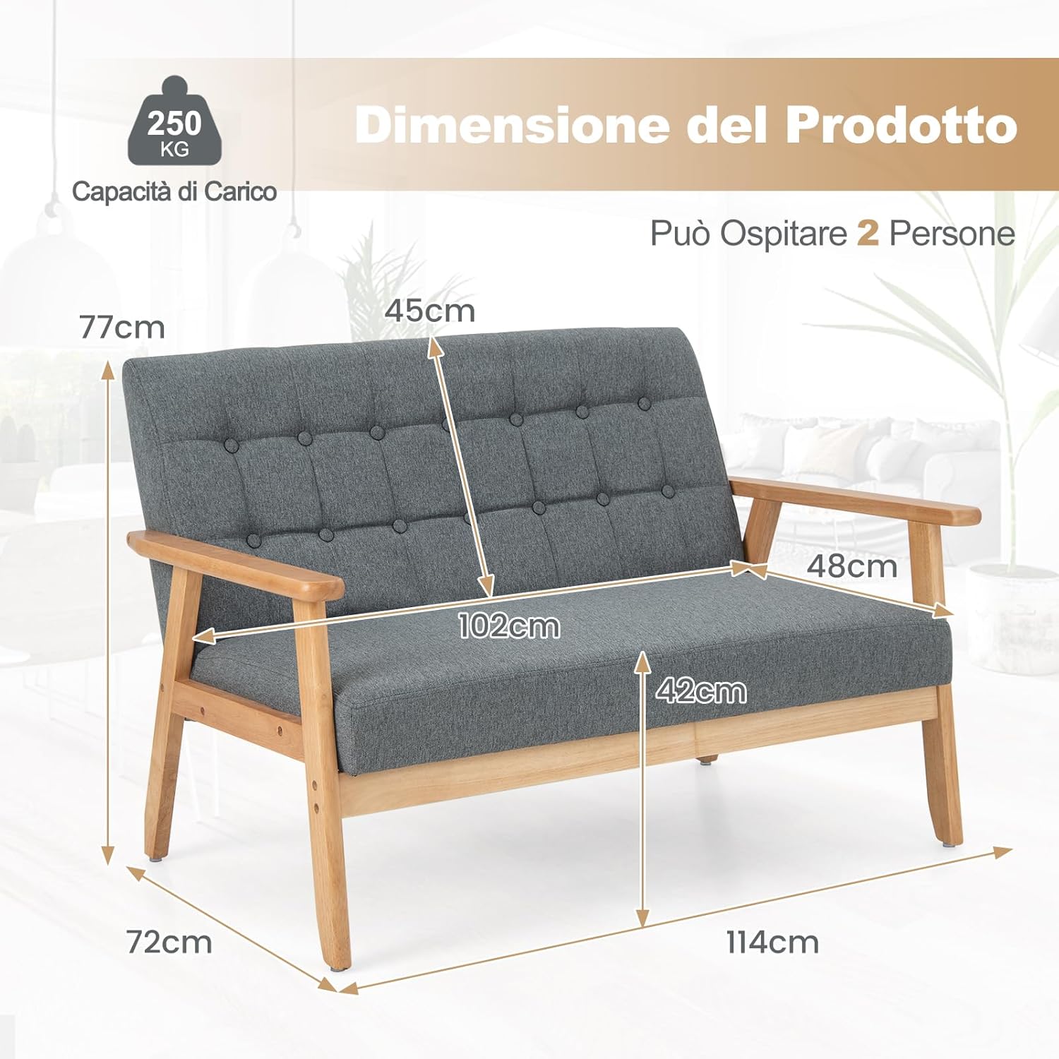 Divano a 2 Posti in Lino, Panchina Imbottita con Cuscini e Struttura in Legno di Gomma, Divano per Soggiorno, Camera da Letto, Studio