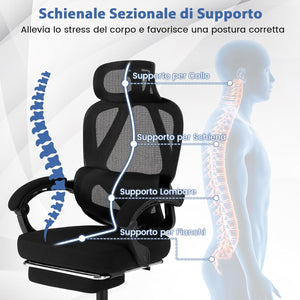 Sedia da Ufficio con Ruote, Sedia da Scrivania con Altezza Regolabile, Poggiapiedi Estraibile, Schienale Regolabile a 135°, Poggiatesta e Supporto Lombare Regolabili, Portata 160 kg