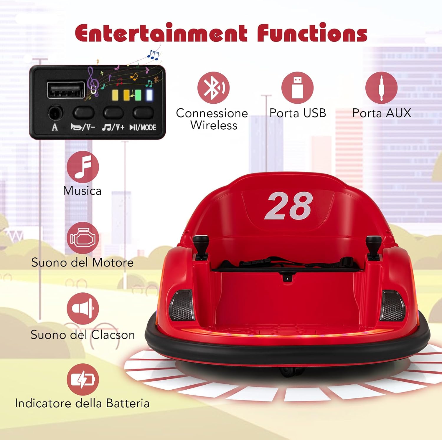 Autoscontro Elettrico per Bambini, Macchina Elettrica per Bambini con Luci LED, Connessione Wireless, Musica Giro a 360°, Macchina Cavalcabile per Bambini dai 18+ Mesi (Rosso)