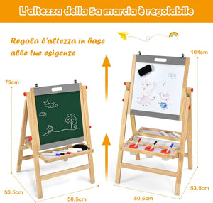Cavalletto 3 in 1 Pieghevole per Bambini, Cavalletto Artistico di Legno con Altezza Regolabile, con Doppia Lavagna e Vassoio (Grigio)