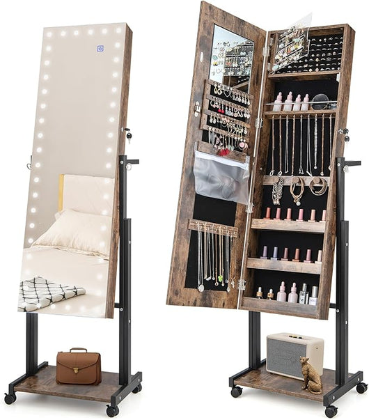 Armadio Portagioie da Terra con Ruote, Specchio Portagioie con Luci LED, Altezza e Angolo Regolabile, Organizer per Gioielli e Accessori (Industriale, 46 x 36 x 175 cm, Con Ripiano)