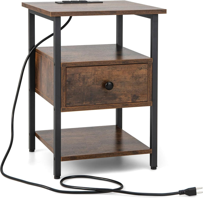 COSTWAY Comodino a 3 Piani con Stazione di Ricarica, Tavolino in Legno con Ripiani Aperti e Cassetto, Tavolino con Struttura in Metallo Robusto per Camera da Letto, Soggiorno e Studio, Naturale