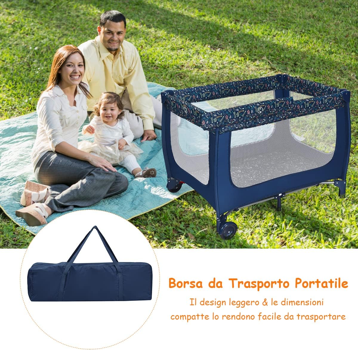 Box Portatile per Bambini, Lettino Multifunzionale con Rete Traspirante e Design Pieghevole, Ideale per Bambini 0-36 Mesi (Carico Massimmo 15 kg), 125 x 65 x 76 cm (Blu)