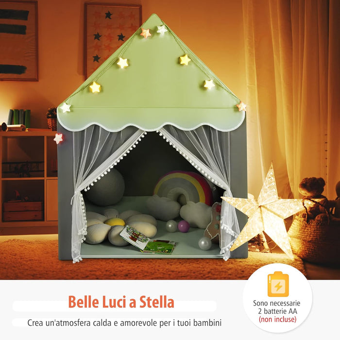Tenda da Gioco per Bambini, Tenda Castello con Tappetino Lavabile, Luci a Forma di Stella, per Interno ed Esterno, 105 x 121 x 136 cm (Verde)
