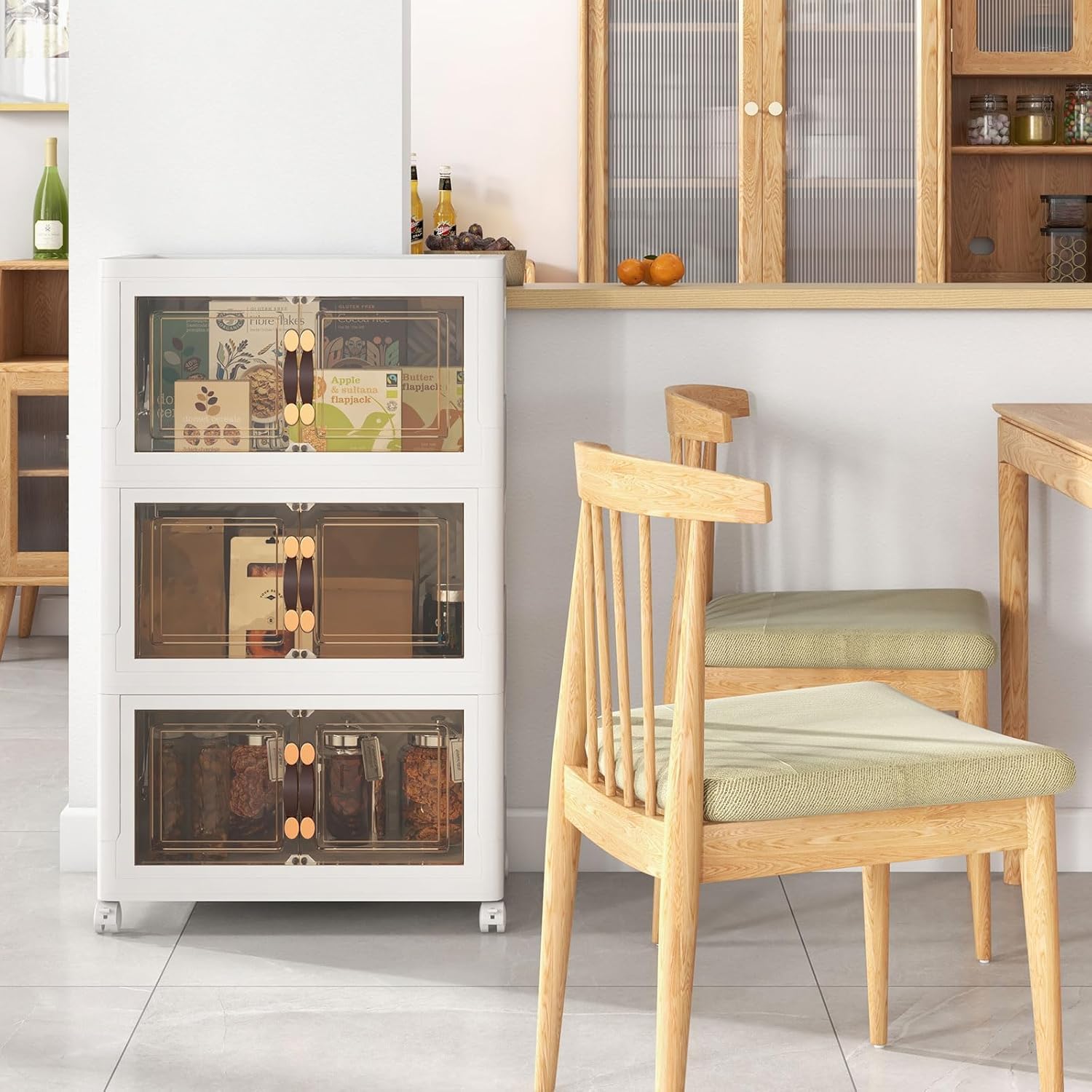 Set di Contenitori in PP, Contenitori Plastica con Coperchio, Scatola Portaoggetti Pieghevoli con Ruote, per Soggiorno, Camera da Letto, Cucina (L-Set di 3)