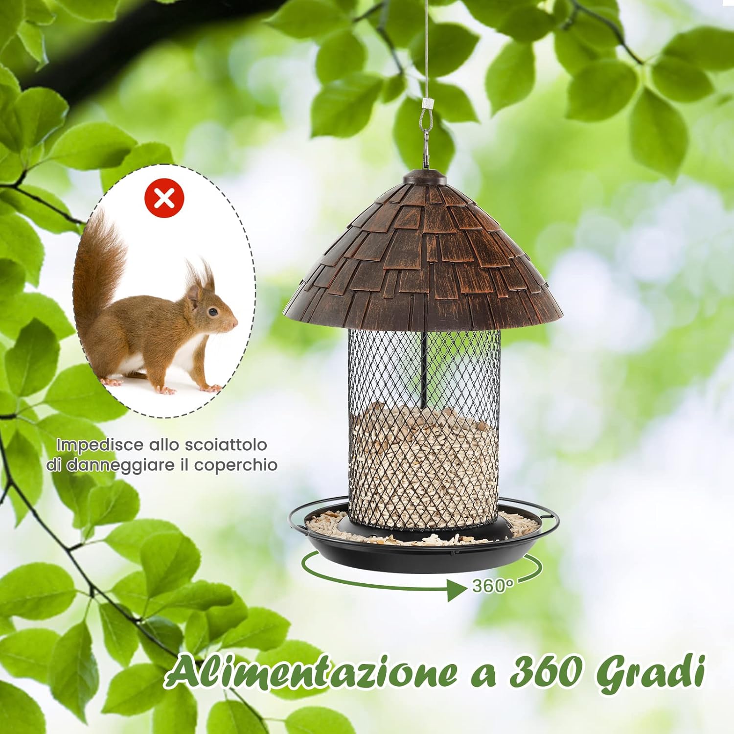 Mangiatoia per Uccelli da Esterno, Mangiatoia Appendibile in Metallo Anti-Scoiattolo con Posatoio, Fori di Drenaggio e Gancio, Mangiatoia per Uccelli Selvatici da Balcone e Giardino