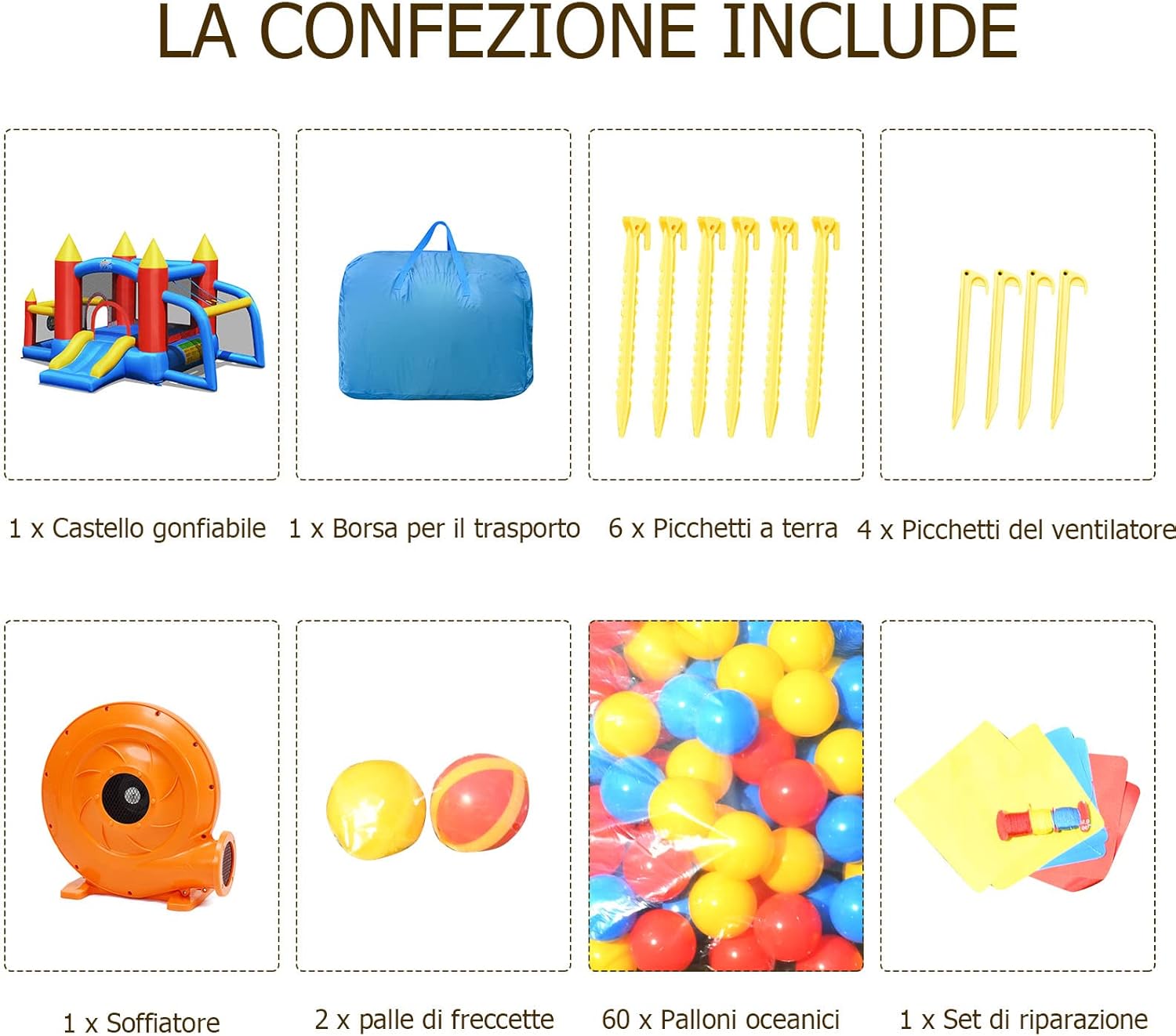Castello Gonfiabile per Bambini, con Scivolo, 60 Palline, Borsa di Trasporto e Kit di Riparazione, per 4 Bambini 3-10 Anni, Soffiatore Incluso, Regalo Perfetto per Bambini
