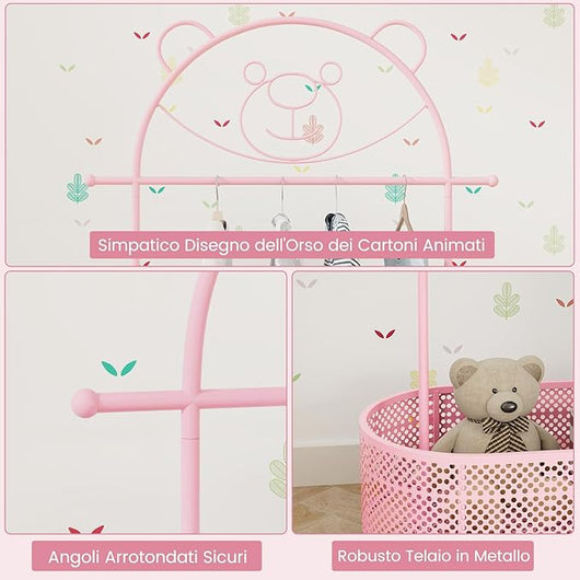 Appendiabiti per Bambini con 3 Altezze Regolabili, Supporto per Abiti con Ruote, con Asta e Cesto Portaoggetti in Ferro, per Stanza dei Bambini Soggiorno, 81x34x182 cm
