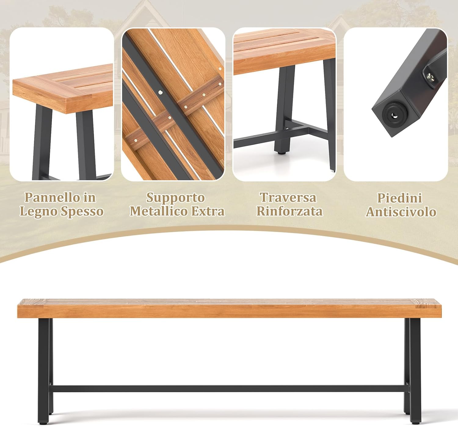 Set di 2 Panchine da Giardino in Legno di Acacia a 3 Posti, Panca da Esterno Senza Schienale con Gambe in Metallo, Panca Capacit¨¤ di 360 kg per Ingresso, Cortile e Balcone, 160 x 32 x 45 cm