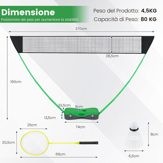 Set di Badminton con Rete, Racchette, 2 Volani e Scatola di Conservazione, Set di Badminton Portatile per 2 Giocatori da Esterno per Bambini, Ragazzi e Adulti