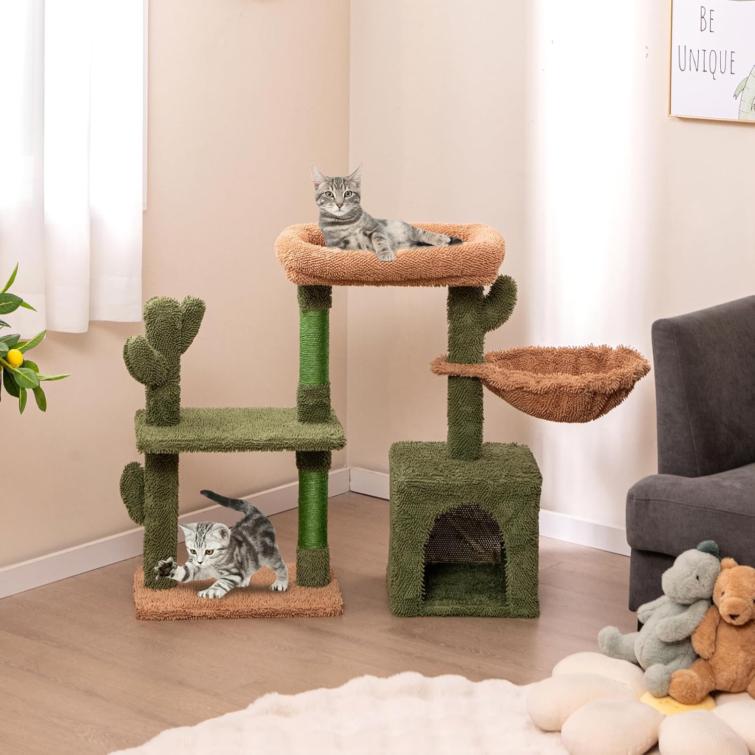 Tiragraffi per Gatti Moderno, Torre per Gatti Estetica a Forma di Cactus con Ripiano, Condo, Amaca, Posti per Graffi in Sisal e Cuscino Lavabile, Albero per Gatti Adulti e Cuccioli