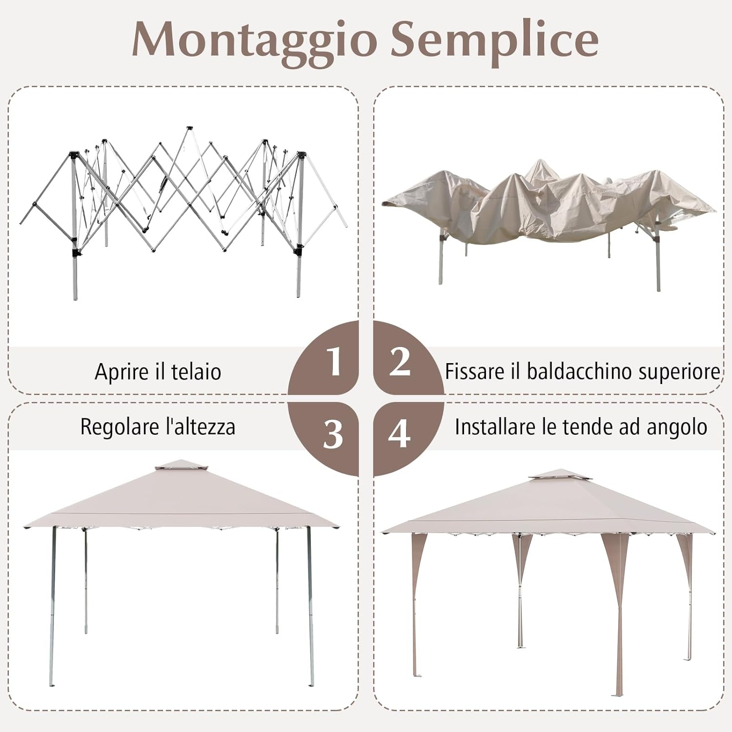 Tenda Pop-up Esterno 4x4 m Doppio Tetto, Gazebo da Giardino Altezza Regolabile con Fori di Drenaggio, Tenda da Giardino Antivento Facile da Montare con Borsa di Trasporto (Kaki)