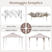 Tenda Pop-up Esterno 4x4 m Doppio Tetto, Gazebo da Giardino Altezza Regolabile con Fori di Drenaggio, Tenda da Giardino Antivento Facile da Montare con Borsa di Trasporto (Kaki)