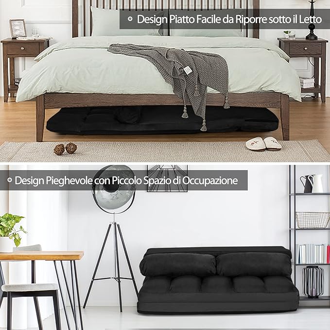 Divano Letto da Terra con 2 Cuscini, Divano Letto Pieghevole con Schienale Regolabile a 6 Livelli, Ideale per Camera da Letto e Soggiorno (Nero)