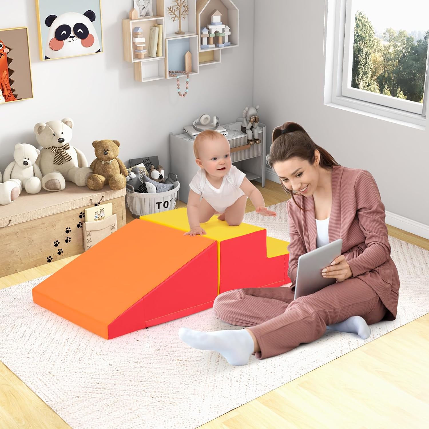 Set di 2 Blocchi per Gattonare e Arrampicare per Neonati e Bambini, Set di Blocchi di Schiuma Morbida per Gioco Attivo Interno, Set di Gioco Morbido per Sviluppo dei Bambini (Giallo e rosso)