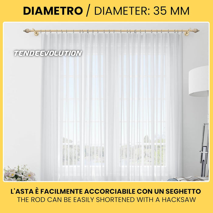 Bastone Tenda in Legno di Alta Qualità, diametro 35 mm a strappo colore bronzo antico terminale pagoda lunghezza 300 CM