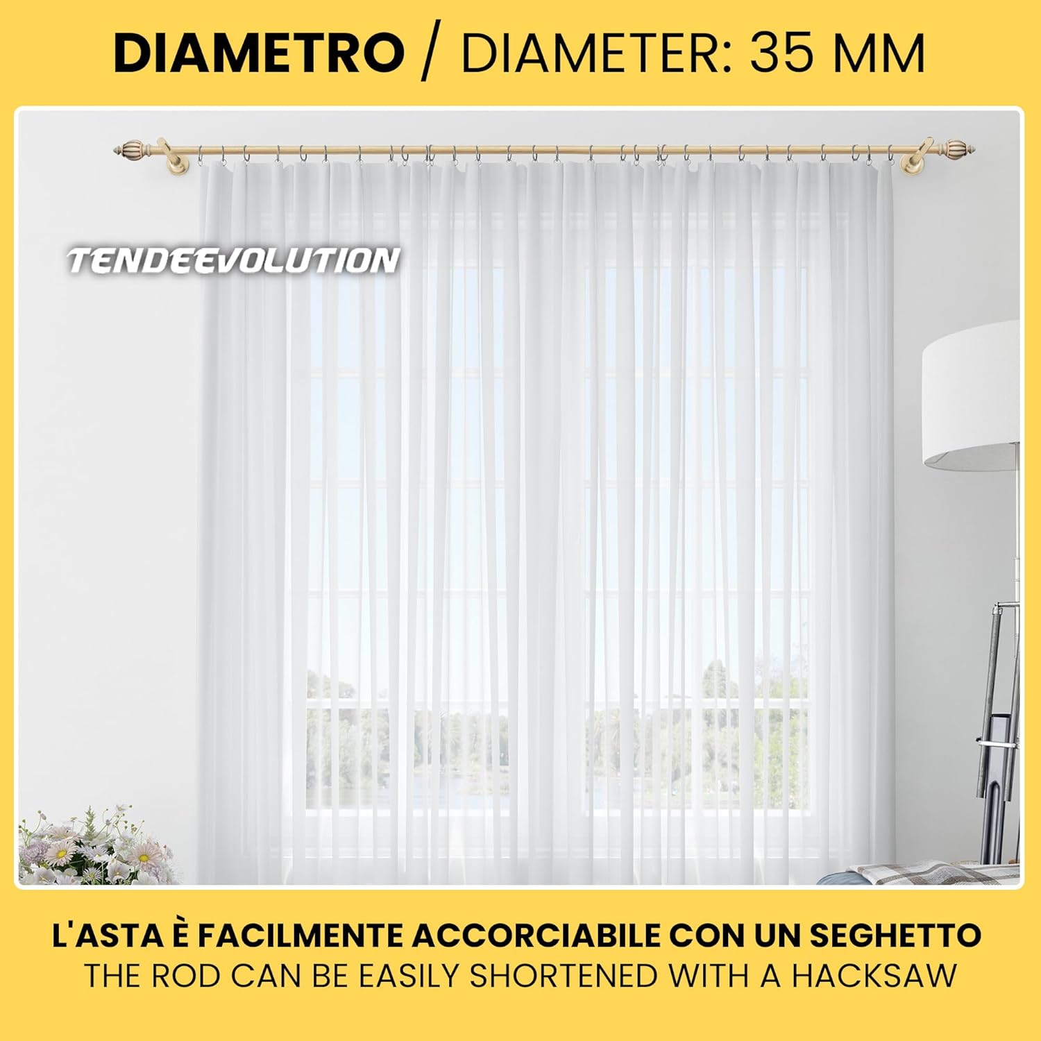 Bastone Tenda in Legno di Alta Qualità, diametro 35 mm a strappo colore oro antico terminale smeraldo lunghezza 200 CM