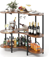Tavolo da Bar 120 x 66 x 102 cm, Portabottiglie Vino a 3 Ripiani con Portabicchieri e Mensole di Stoccaggio, Isola Cucina Industriale per Bistro (Marrone)