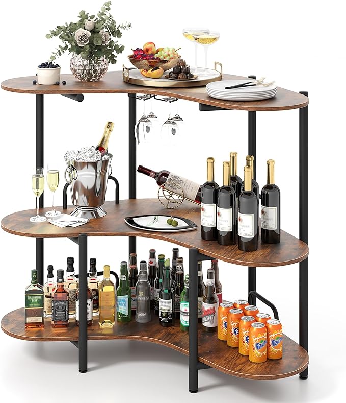 Tavolo da Bar 120 x 66 x 102 cm, Portabottiglie Vino a 3 Ripiani con Portabicchieri e Mensole di Stoccaggio, Isola Cucina Industriale per Bistro (Marrone)