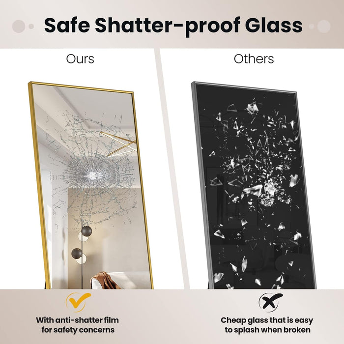 Specchio da Parete Lungo, Specchio da Terra Appendere con Cornice in Lega di Alluminio e Ganci, Per Camera da Letto e Soggiorno, 160 x 40 cm (Oro)