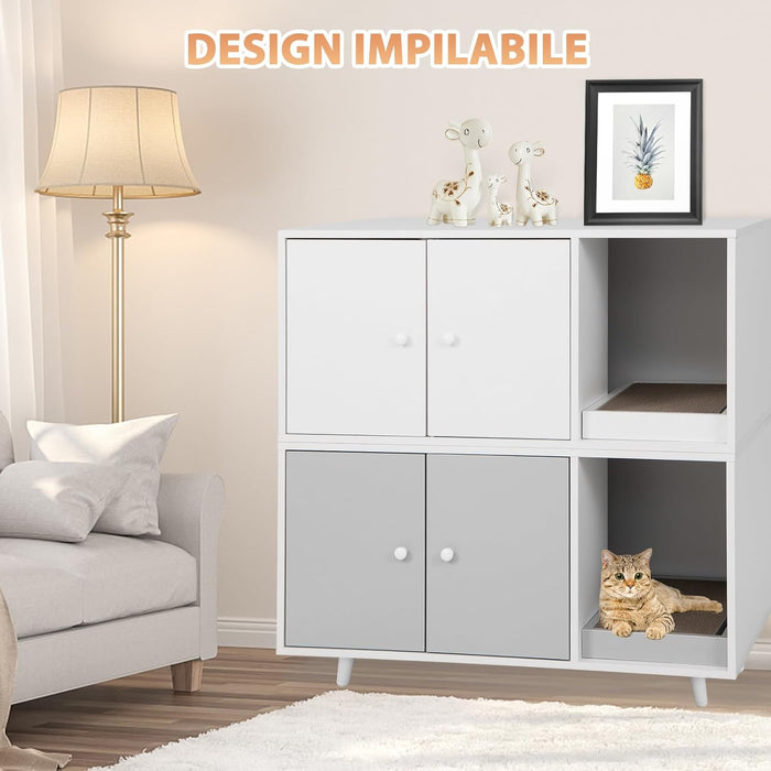 Mobile per Lettiera per Gatti 90 x 50 x 50 cm, Cassetta Igienica per Gatti con Doppia Anta, Divisore, Ingresso Avvolgibile, Tiragraffi e Gambe di Metallo Solido (Bianco)