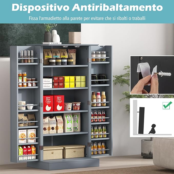 Credenza da Cucina, Mobile da Cucina Moderno con 6 Ripiani Regolabili, per Cucina, Sala da Pranzo e Soggiorno, 60 x 40 x 120 cm (Grigio)