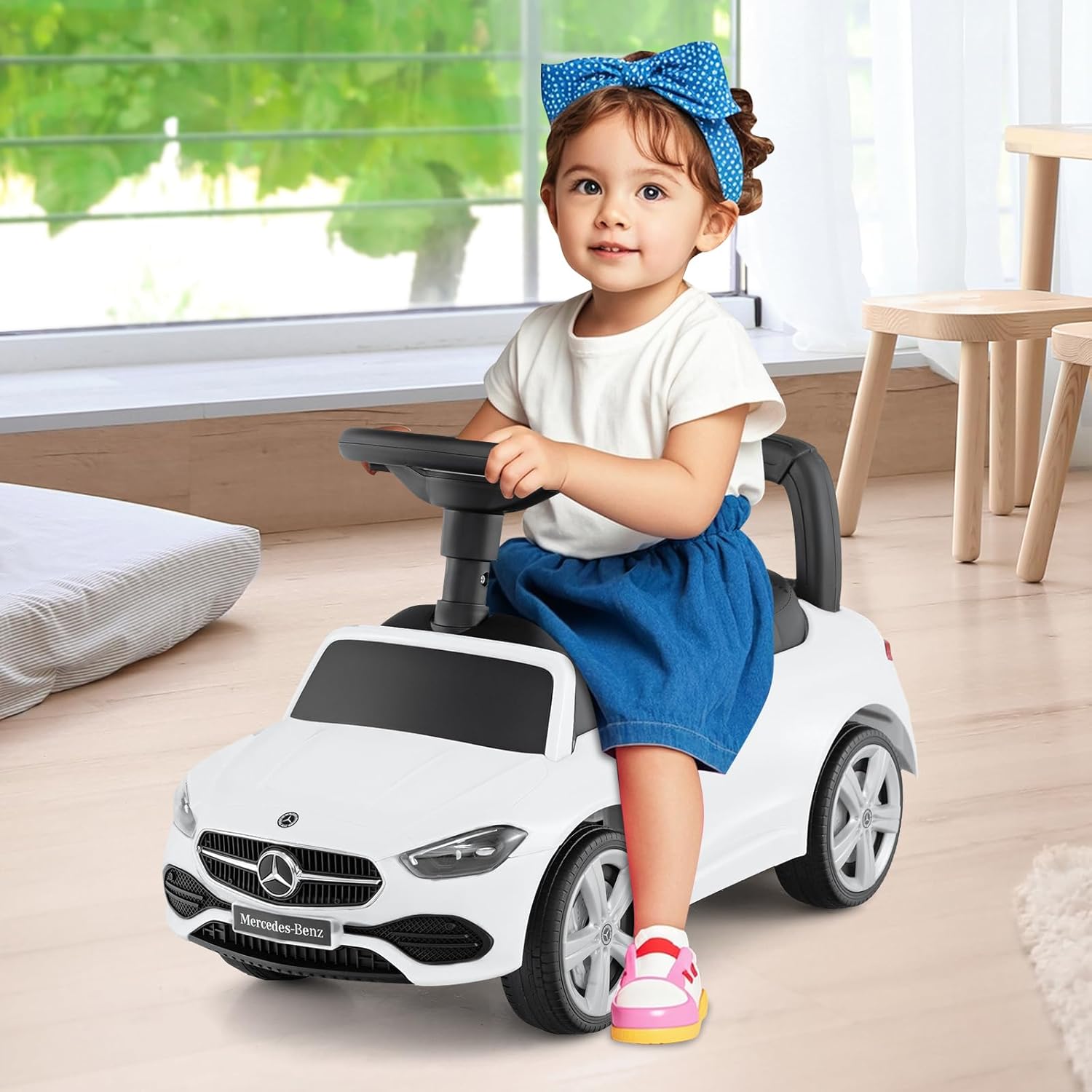 Mercedes Benz Macchinina Cavalcabile a Spinta per Bambini, Auto da Gioco con Volante Clacson e Suono, Spazio di Archiviazione, Auto a Spinta per bambini 1-3 Anni (Bianco)