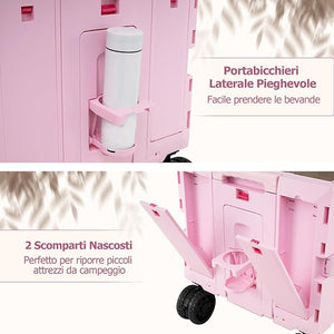Carrello da Spiaggia Pieghevole 150 L, Carrello con Ruote Portatutto con Armadio a 2 Livelli e Manico Telescopico in Metallo, Carretto Giardino Portatile per Campeggio, Portata 120 kg (Rosa)