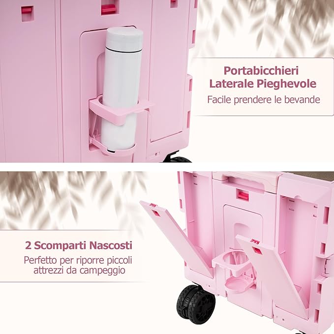 Carrello da Spiaggia Pieghevole 150 L, Carrello con Ruote Portatutto con Armadio a 2 Livelli e Manico Telescopico in Metallo, Carretto Giardino Portatile per Campeggio, Portata 120 kg (Rosa)
