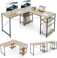 Scrivania Angolare per Computer con Supporto per Monitor, Scrivania Porta PC in Legno, Scrivania Salvaspazio e Moderna per Ufficio e Studio, 242 x 60 x 75 cm (Naturale)