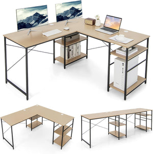 Scrivania Angolare per Computer con Supporto per Monitor, Scrivania Porta PC in Legno, Scrivania Salvaspazio e Moderna per Ufficio e Studio, 242 x 60 x 75 cm (Naturale)
