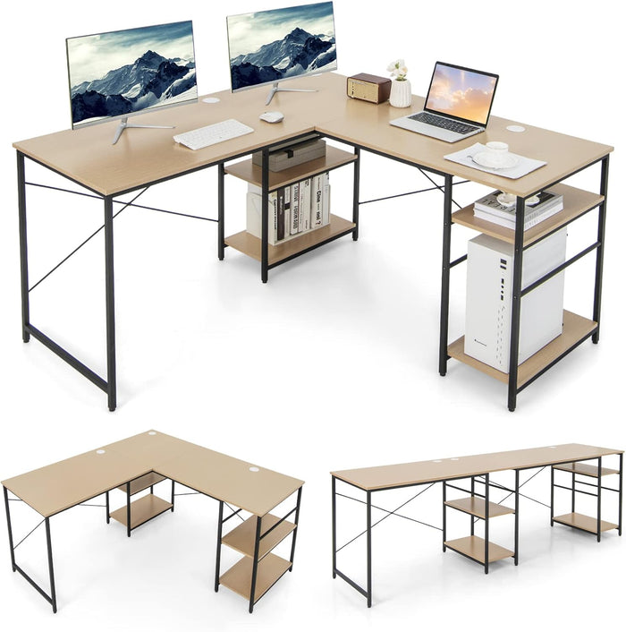 Scrivania Angolare per Computer con Supporto per Monitor, Scrivania Porta PC in Legno, Scrivania Salvaspazio e Moderna per Ufficio e Studio, 242 x 60 x 75 cm (Naturale)