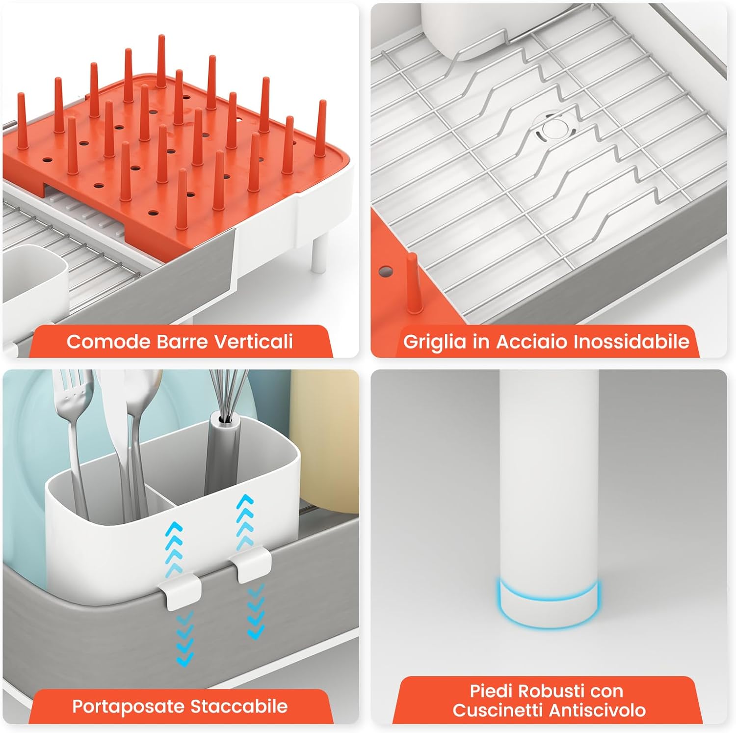 Scolapiatti Estensibile, Gocciolatoio Scolapiatti Regolabile con Portaposate Staccabile Griglia in Acciaio Inox e Barrette Verticali, con Drenaggio Automatico