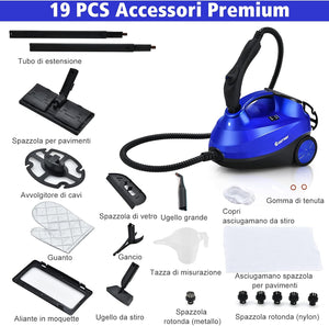 2000W Pulitore a Vapore con 19 Accessori e Serbatoio da 1,5L, Vapore per Tappeti, per Pulizie Profonde Pavimenti Finestre e Macchine (blu)