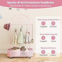 Appendiabiti per Bambini con 3 Altezze Regolabili, Supporto per Abiti con Ruote, con Asta e Cesto Portaoggetti in Ferro, per Stanza dei Bambini Soggiorno, 81x34x182 cm