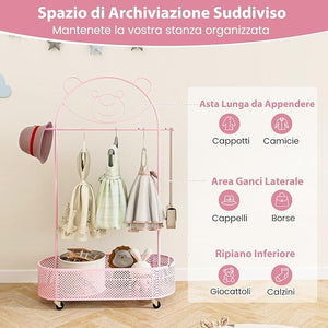 Appendiabiti per Bambini con 3 Altezze Regolabili, Supporto per Abiti con Ruote, con Asta e Cesto Portaoggetti in Ferro, per Stanza dei Bambini Soggiorno, 81x34x182 cm